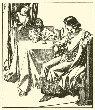 Sir Launcelot sits with Sir Hilaire and Croisette by after Howard Pyle