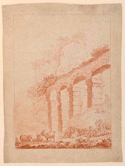 Goatherds in Landscape with Ruins by after Jean Baptiste Huet