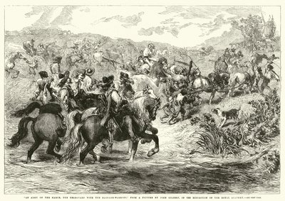 An Army on the March, the Rearguard with the Baggage-Waggons, in the Exhibition of the Royal Academy by after John Gilbert