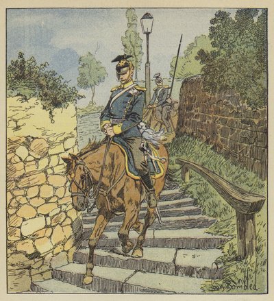 At Chateaudun, Two Uhlans Descend a 200-Step Stone Staircase on Horseback While Being Pursued by after Louis Charles Bombled