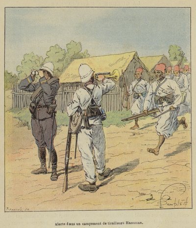 Alert in a camp of Haoussa riflemen by after Louis Charles Bombled