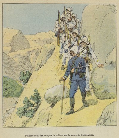 Detachment of relief troops on the road to Tananarive by after Louis Charles Bombled