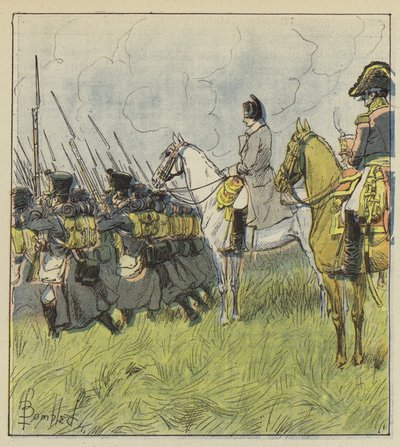 The Emperor contemplates his conscripts at the battle by after Louis Charles Bombled