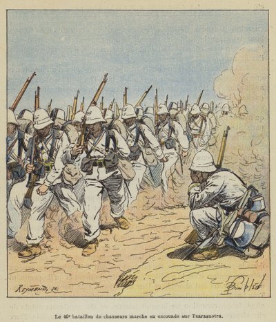 The 40th Battalion of Hunters Marching in Squad on Tsarasaotra by after Louis Charles Bombled
