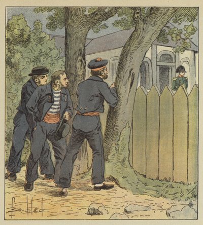 The soldiers of the Northumberland hide behind trees to see Bonaparte by after Louis Charles Bombled