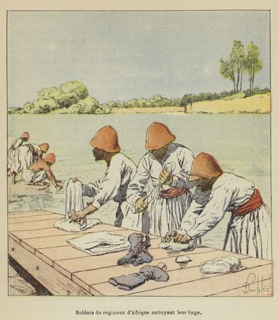 African Regiment Soldiers Cleaning Their Laundry by after Louis Charles Bombled