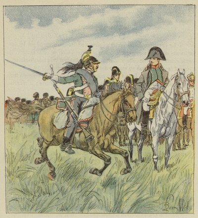A dragoon warns the Emperor of the treason of one of his generals by after Louis Charles Bombled