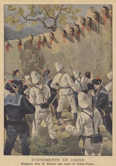 The Boxer Rebellion: the decapitated heads of fourteen Boxers displayed on the walls of Tchio-Tchao by after Oswaldo Tofani