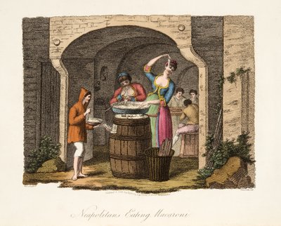 Neapolitans Eating Macaroni, from Italian Scenery, representing the Manners, Customs and Amusements of the different States of Italy, pub. 1806 by after P. van Lerberghi