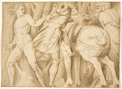 Scene from Roman History? A Man Mounting a Horse Held by a Nude Man by after Polidoro da Caravaggio
