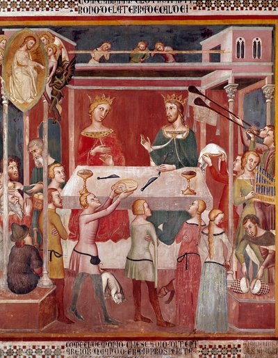 How the Demon asked God to try Job at the time of his prosperity. Fresco by Bartolo di Fredi (1330-1410). Collegiale de San Gimignano, Italy by also Manfredi de Battilori Bartolo di Fredi