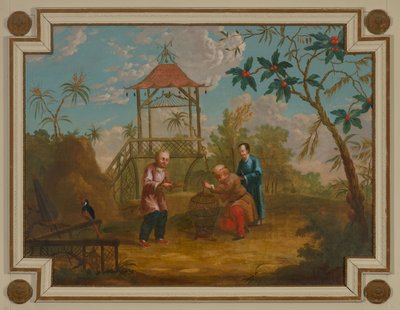 Overdoor Piece with Three Figures Around a Birdcage by anonymous 