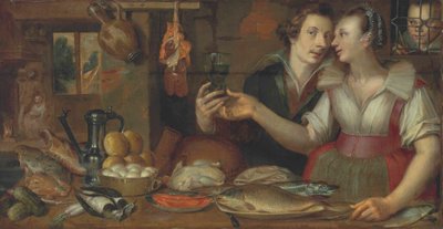 A Kitchen Interior with a Maid and a Young Man by anonymous 