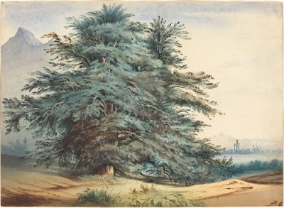 Two Ancient Trees before a Mountain Peak by attributed to Jules Dupré