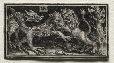 Lion Fighting Two Beasts by attributed to Tobias Stimmer