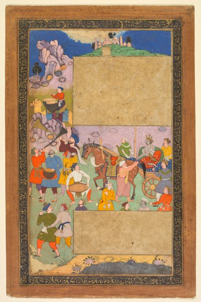 A charioteer riding through a rocky landscape with an entourage of footmen and musicians, page from a Razm-nama (Book of Wars) adapted from the Sanskrit Mahabharata and translated into Persian by Mir Ghiyath al-Din Ali Qazvini, known as Naqib Khan by attributed to Yusuf Ali