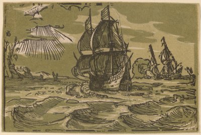 Two Three-Master Ships off a Coastline by attributed to workshop of Willem Jansz. Blaeu