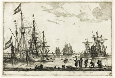 Four Sailing Vessels in a Breakwater, from Thirteen Naval Scenes by called Zeeman Reinier Nooms