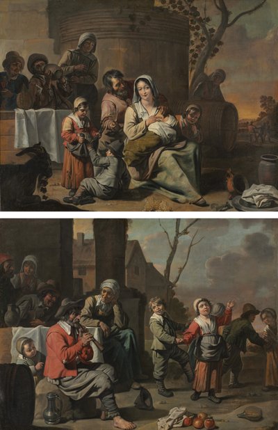Vintage Scene and Peasant Children Dancing by circle of Le Nain