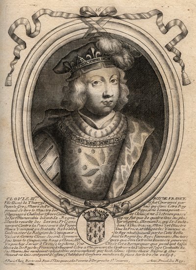 Portrait of Clovis III, king of the Francs from 691 to 695 - CLOVIS III Merovingian king of Neustria and Austrasia - engraving from 