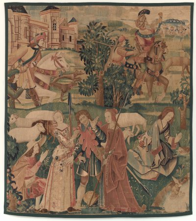 Hunting and Pastoral Scenes, with a laughing man between ladies by design probably French 16th Century, Paris; woven in southern Netherlands or Paris in an undetermine workshop