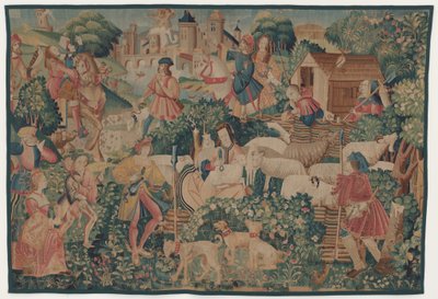 Hunting and Pastoral Scenes, with a shepherdess shearing by design probably French 16th Century, Paris; woven in southern Netherlands or Paris in an undetermine workshop