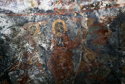 Christ with Angels and saint, fresco in church of Panagia, Kitiros, Crete, Greece by Theodore Charles Ange Coquelin