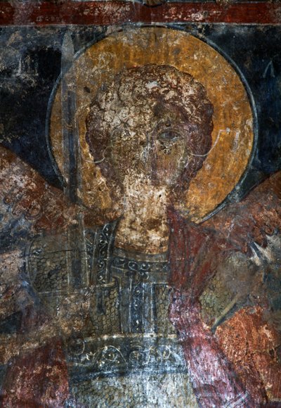 Figure of saint, fresco in Byzantine church of Agios Constantinos and Agia Eleni, Voukolies, Crete, Greece by Theodore Charles Ange Coquelin