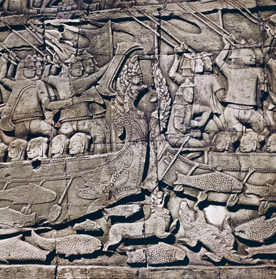 Naval battle between Cham and Khmer, detail of a bas-relief of Bayon Temple, Angkor Thom, Angkor archaeological site by Theodore Charles Ange Coquelin