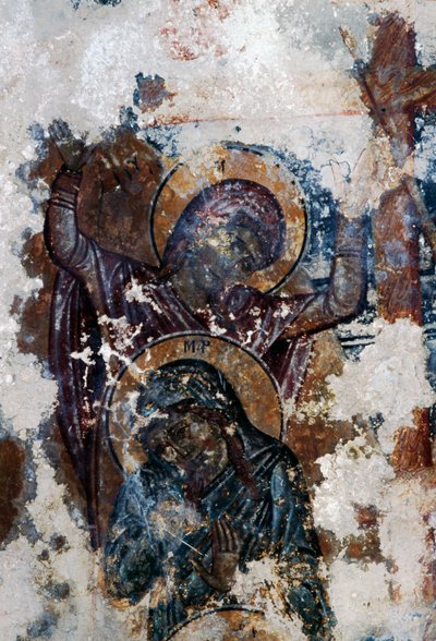 Saints, damaged fresco in Byzantine church of Agios Constantinos and Agia Eleni, Voukolies, Crete, Greece by Theodore Charles Ange Coquelin