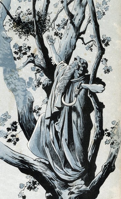 A Gallic Druid Climbing in an Oak to Pick Mistletoe with His Serpe, Discovers a Little Girl There by pseudonym for Onfray de Breville Jacques Job