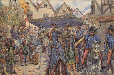 Crowds on the streets of Paris greeting Louis XI as he arrives from Burgundy to claim his kingdom after the death of his father, Charles VII by pseudonym for Onfray de Breville Jacques Job