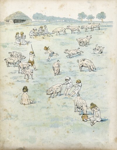 Gallic children playing with pigs in a field. in 