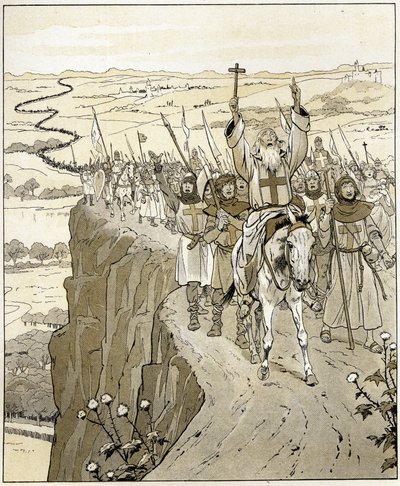 God wants it: Words of the crowd who followed Peter the Hermit, French religious of the 11th century, preaching the deliverance of the holy places on the road to Jerusalem. Illustration of Job (Jacques Marie Gaston Onfray de Breville) by pseudonym for Onfray de Breville Jacques Job