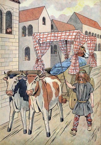 History of France. Scene depicting lazy kings in toys: King of France Thierry III (673-691) carried in a tank with a bed pulled by oxen. In Joujoux a l