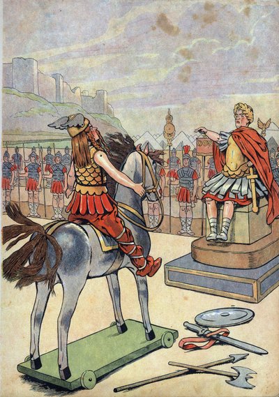 History of France. Scene of Roman Gaul with Toys: Gallic Leader Vercingetorix Going to Roman Chief Julius Caesar After the Battle of Alesia in 52 BC by pseudonym for Onfray de Breville Jacques Job
