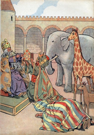 History of France. Scene of the life of Charlemagne in toys: Caliph Haron Al Rashid gives the King of France Charlemagne (742-814) a giraffe, an elephant and a clock. In Joujoux a l