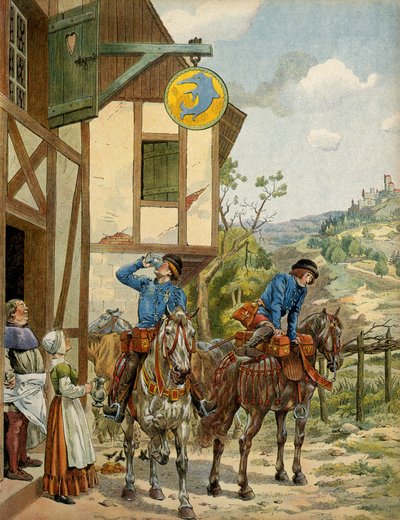 History of France in the Middle Ages: post service under the reign of King Louis XI called the Prudent. Horseback Postal stationing at an inn. Illustration by Jacques Marie Gaston Onfray de Breville dit JOB by pseudonym for Onfray de Breville Jacques Job