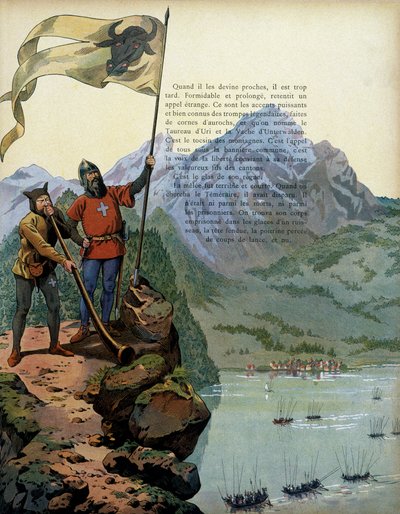 History of France in the Middle Ages: the troops of Charles the Temeraire, Duke of Burgundy, enter the country of Vaud in Switzerland. Illustration by Jacques Marie Gaston Onfray de Breville dit JOB by pseudonym for Onfray de Breville Jacques Job