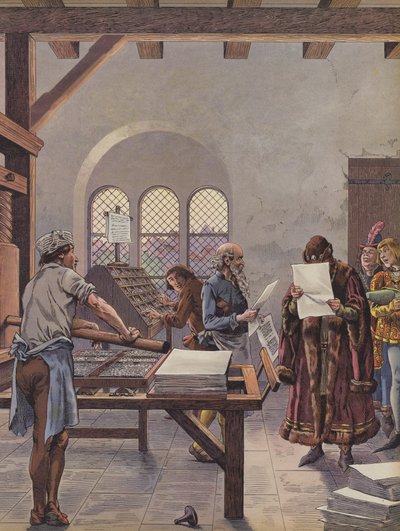 King Louis XI Reading a Document Printed on a Press by pseudonym for Onfray de Breville Jacques Job