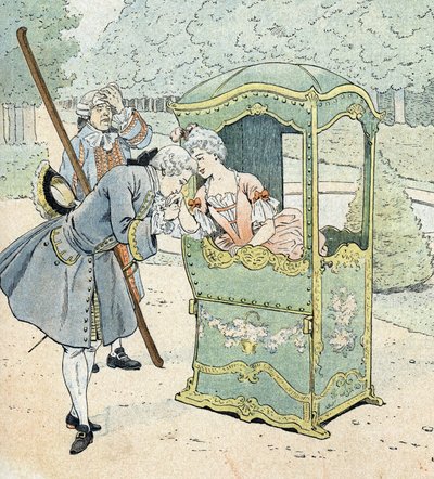 Lady of the nobility in the 18th century, in a chair with porters receiving the kiss hand by pseudonym for Onfray de Breville Jacques Job