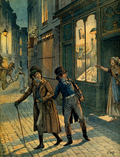 Louis Antoine Fauvelet de Bourrienne (1769-1834) and Napoleon I Bonaparte (1769-1821) in the streets of Paris incognito by pseudonym for Onfray de Breville Jacques Job