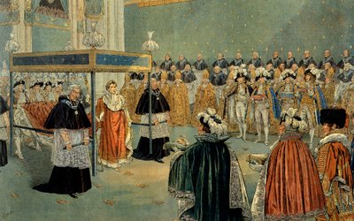 Representation of the sacre of Napoleon I (1769-1821) at the cathedrale Notre Dame de Paris 02/12/1804 Illustration by Jacques Marie Gaston Onfray de Breville dit Job (1858-1931) Collection Particuliere by pseudonym for Onfray de Breville Jacques Job