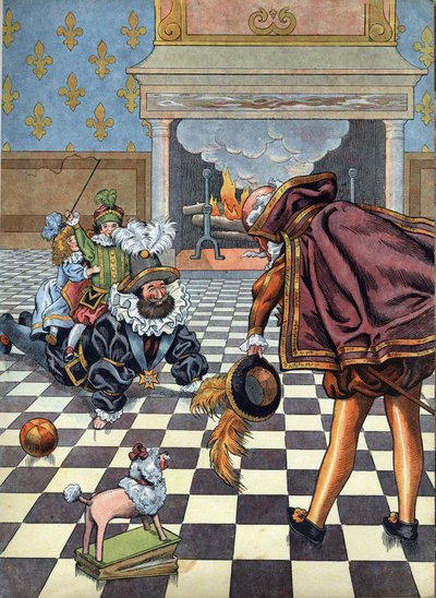 Scene of the history of France in toys: King of France Henri IV playing with his children in front of the Spanish ambassador - In 
