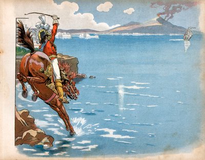 The English rode on the coasts of his state, and while riding on horseback on the seashore, Joachim Murat, king of Naples, saw an English frigate, pushed his horse into the water and charged. Engraving by Jacques Marie Gaston Onfray de Breville by pseudonym for Onfray de Breville Jacques Job