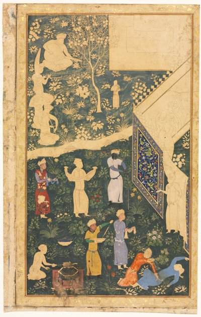 Outside a Royal Encampment (recto) by style of Bihzad