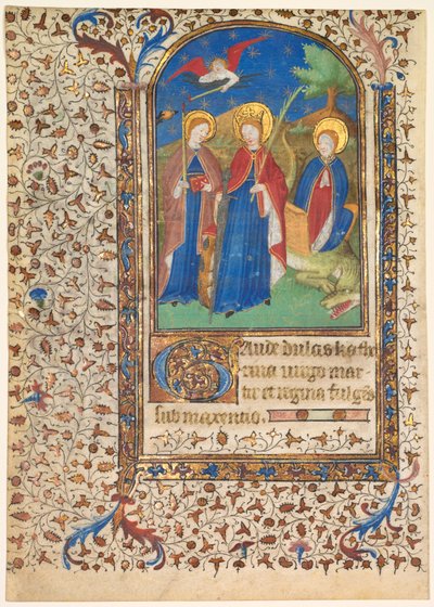 Leaf from a Book of Hours: Sts. Geneviève, Catherine of Alexandria, and Margaret (recto) by workshop of Boucicaut Master