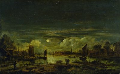 Moonlit Landscape (oil on oak panel) by Aert van der Neer
