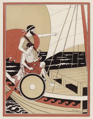 Athena guiding Telemachus in his search for Odysseus (colour litho)