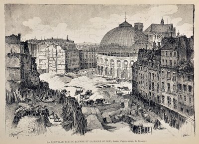 The new Rue du Louvre and the Halle au Ble in Paris in 1887. illustration by Gustave Fraipont 1849 1923 . Engraving from 1887 in